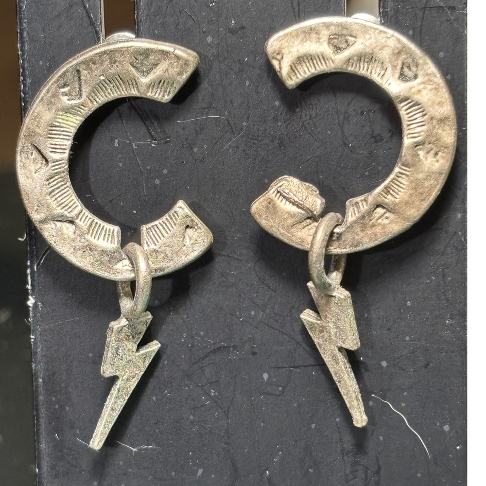 Sterling Silver Lightning Bolt Crescent Earrings Southwestern Stamped Studs‎
